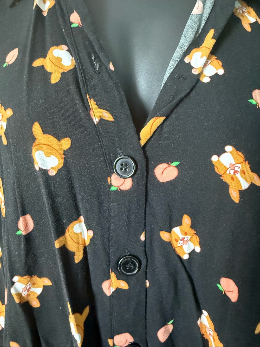 Black Short-Sleeve Shirt Dress with Peach & Corgi Print - Picture 2 of 4